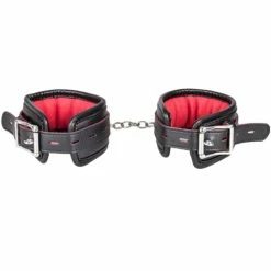 Hot Sale π Bondara Black Faux Leather Red Suede Padlocked Ankle Cuffs π₯°